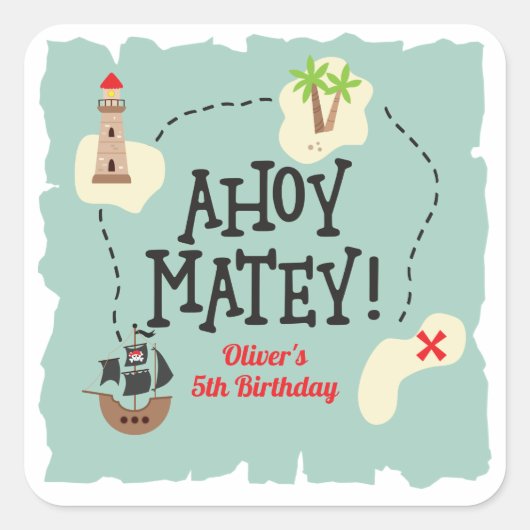 Pirate Treasure Karte Geburtstag Quadratischer Aufkleber (Vorderseite)