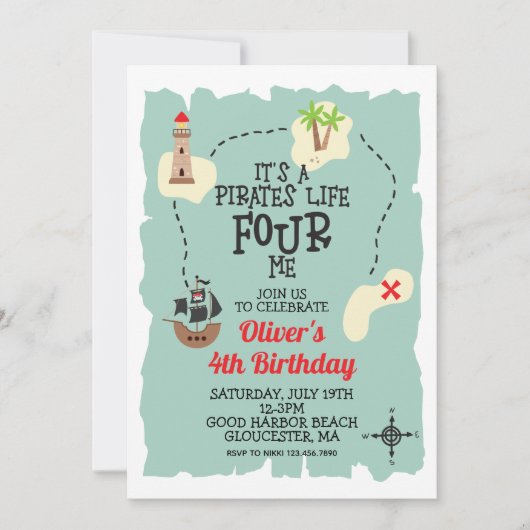 Pirate Treasure Map 4. Geburtstag Einladung (Vorderseite)