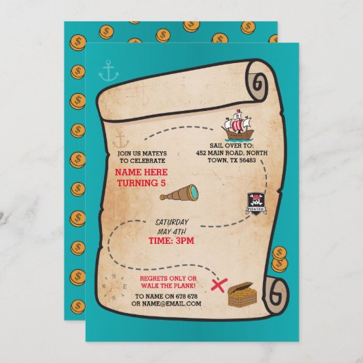 Pirate Treasure Map Birthday Ship Party Einladung (Vorne/Hinten)