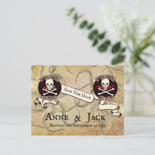 Pirate Wedding "Save the Date" Postkarte (Stehend Vorderseite)