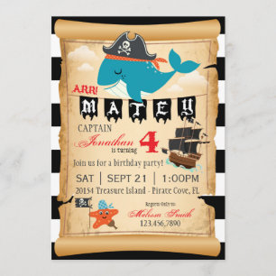 Pirate Whale und Starfish Einladung zum Geburtstag