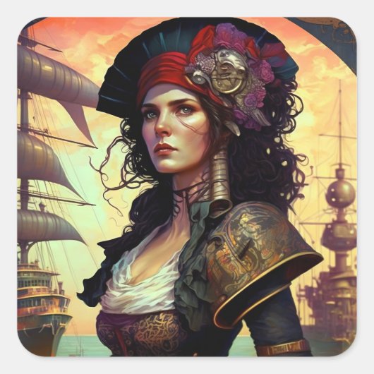Pirate Woman Fantasy Art Quadratischer Aufkleber (Vorderseite)