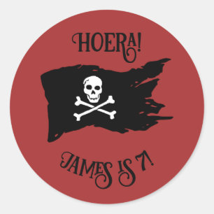Piraten-Aufkleber "Hurra!" Tiefrot mit Piratenflag Runder Aufkleber