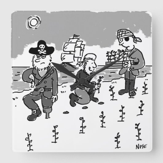 Piraten grasen mit einem Holzsteg. Funny Quadratische Wanduhr (Vorderseite)