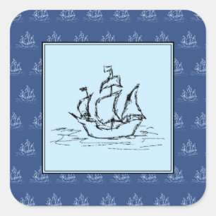 Piraten-Schiff auf dem Schiffs-Muster, blau Quadratischer Aufkleber