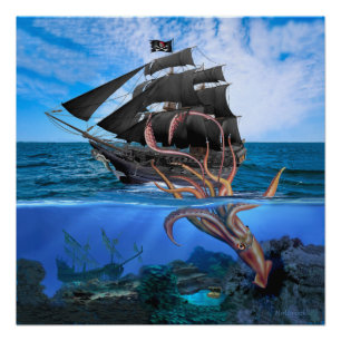 Piraten Schiff gegen den Riesenkalmar Poster