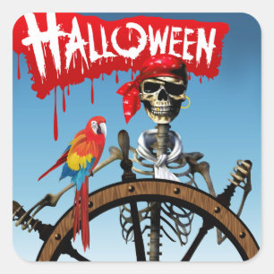 Piraten-Skeleton Seemann mit Macaw-Halloween-Party Quadratischer Aufkleber