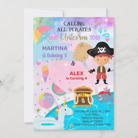 Piraten und Einhorngeschwister laden zum Geburtsta Einladung (Vorderseite)