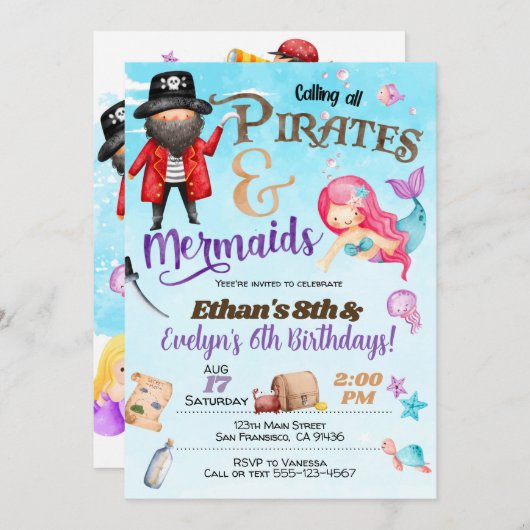 Piraten und Mermaid zum Geburtstag Einladung (Vorne/Hinten)
