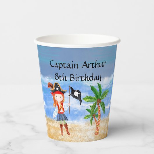 Piratengeburtmotiv Party Schatzpapagei Pappbecher (Rückseite)