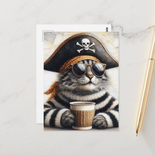 Piratenkatze im verschwommenen Pullover mit Kaffee Postkarte (Vorderseite/Rückseite Beispiel)