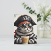 Piratenkatze mit Kaffee Postkarte (Stehend Vorderseite)