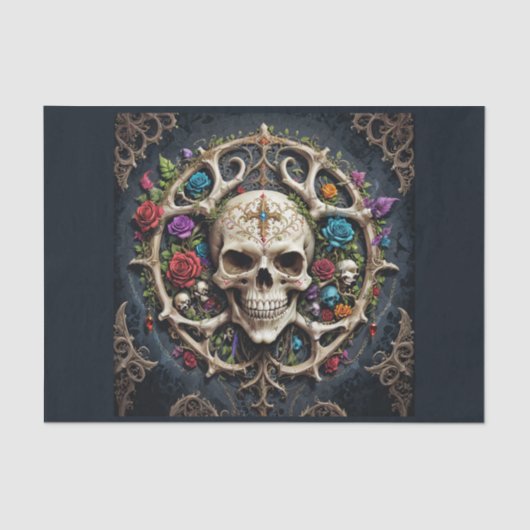 Piratenknochenmedallion mit Schädel und Blume Seidenpapier (Vorderseite)