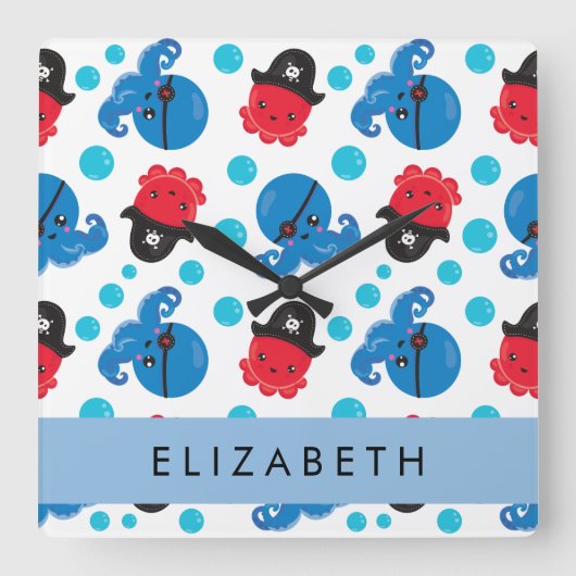 Piratenktopus, Octopus-Muster, Meer, Ihr Name Quadratische Wanduhr (Vorderseite)