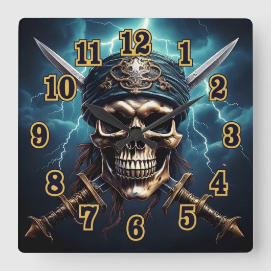 Piratenschädel mit Schwertern Wall Clock Quadratische Wanduhr (Vorderseite)