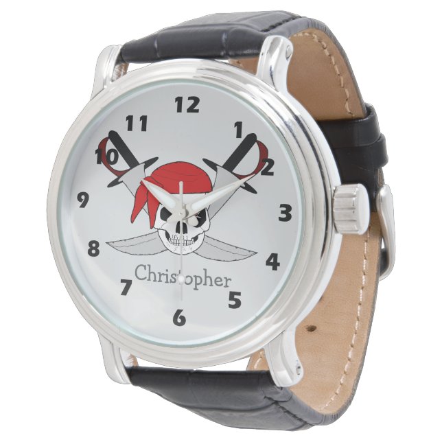Piratenschädel- und Schwerter-Design Armbanduhr (Schrägansicht)