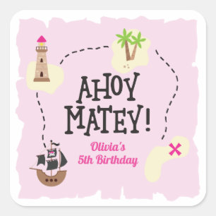 Piratenschatzkarte Pink Geburtstag Quadratischer Aufkleber