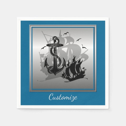 Piratenschiff & Anchor Black Silhouette Napkins 4 Serviette (Vorderseite)