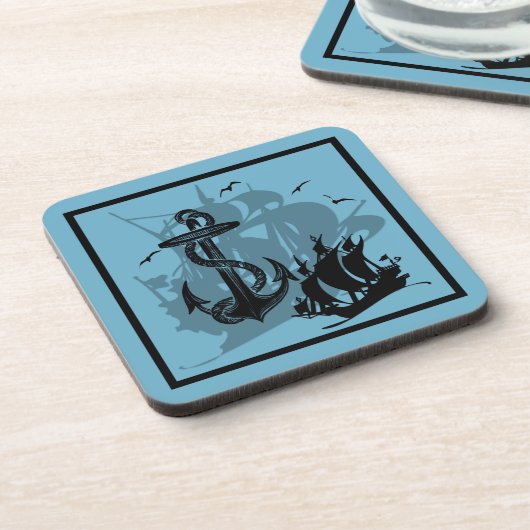 Piratenschiff & Anchor Black Silhouette Untersetze Getränkeuntersetzer (Linke Seite)