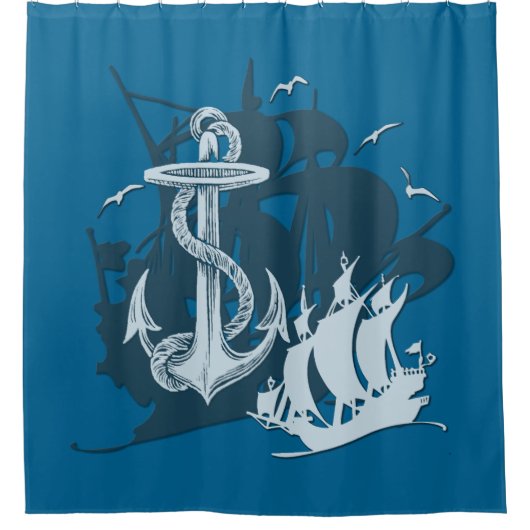 Piratenschiff & Anchor Weiße Silhouette Duschvorhang (Vorderseite)