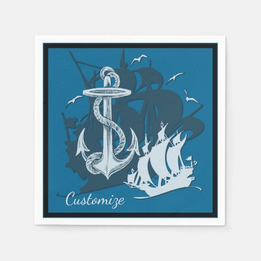 Piratenschiff & Anchor Weiße Silhouette Napkins Serviette (Vorderseite)