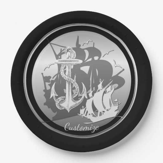 Piratenschiff & Anchor Weiße Silhouette Teller 2 (Vorderseite)