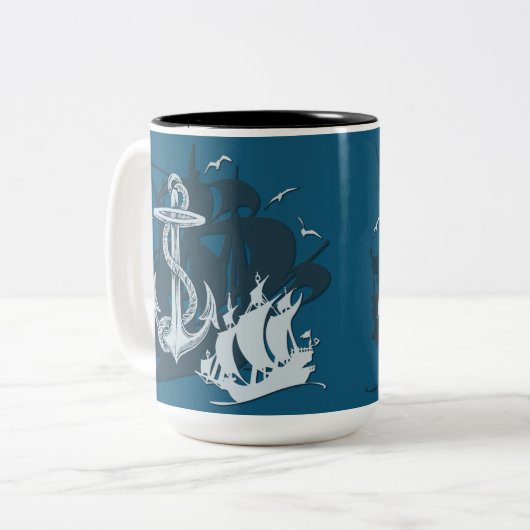 Piratenschiff & Anchor Weiße Silhouette Zweifarbige Tasse (Vorderseite Links)