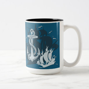 Piratenschiff & Anchor Weiße Silhouette Zweifarbige Tasse