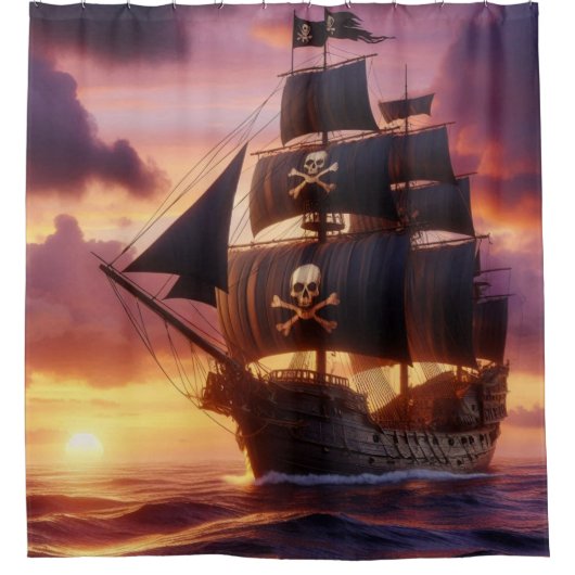 Piratenschiff bei Sonnenaufgang/Sonnenuntergang Duschvorhang (Vorderseite)