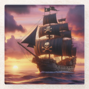Piratenschiff bei Sonnenaufgang/Sonnenuntergang Glasuntersetzer