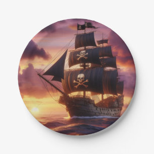Piratenschiff bei Sonnenaufgang/Sonnenuntergang Pappteller