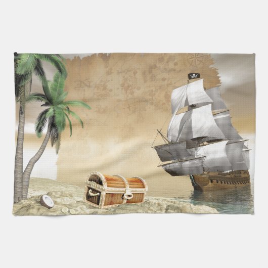 Piratenschiff, das einen Schatz entdeckt Geschirrtuch (Horizontal)