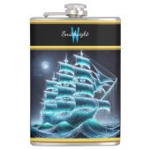 Piratenschiff durch glühende Nachtwachen gleiten Flachmann (Vorderseite)