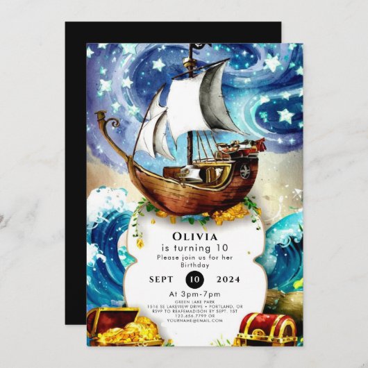 Piratenschiff für Kinder zum Geburtstag Einladung (Vorne/Hinten)