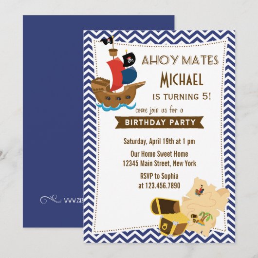 Piratenschiff Geburtstag Einladung Blue (Vorne/Hinten)