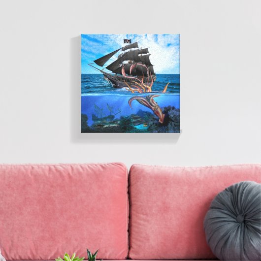 Piratenschiff gegen den riesigen Tintenfisch Leinwanddruck (Insitu (Wohnzimmer))
