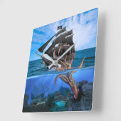 Piratenschiff gegen den riesigen Tintenfisch Quadratische Wanduhr (Winkel)