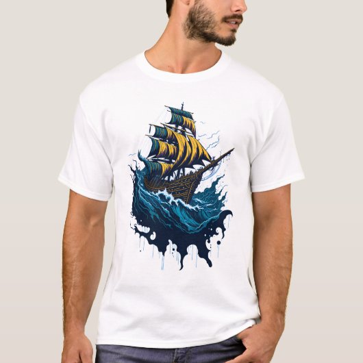 Piratenschiff in Sturmsee T-Shirt (Vorderseite)