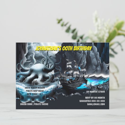 Piratenschiff kraken stürmische Nacht Meer Spooky Einladung (Stehend Vorderseite)