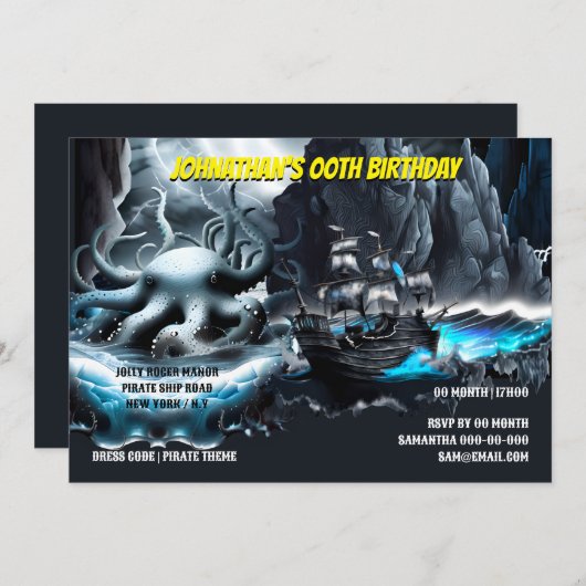 Piratenschiff kraken stürmische Nacht Meer Spooky Einladung (Vorne/Hinten)