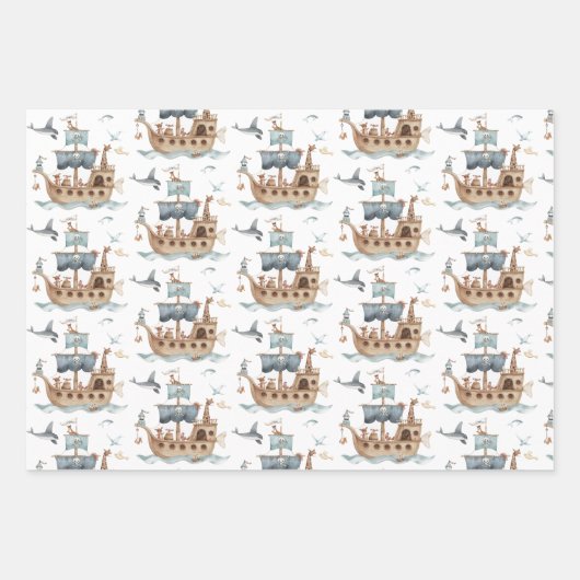 Piratenschiff mit Party "Tiere Kinder" Geschenkpapier Set (Vorderseite)