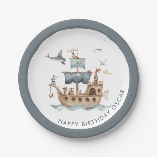 Piratenschiff mit Party "Tiere Kinder" Pappteller (Vorderseite)