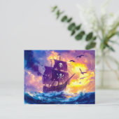 Piratenschiff Segelfahrt in den Sonnenuntergang au Postkarte (Stehend Vorderseite)