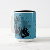 Piratenschiff und Anchor Schwarze Silhouette Zweifarbige Tasse (Vorderseite Links)