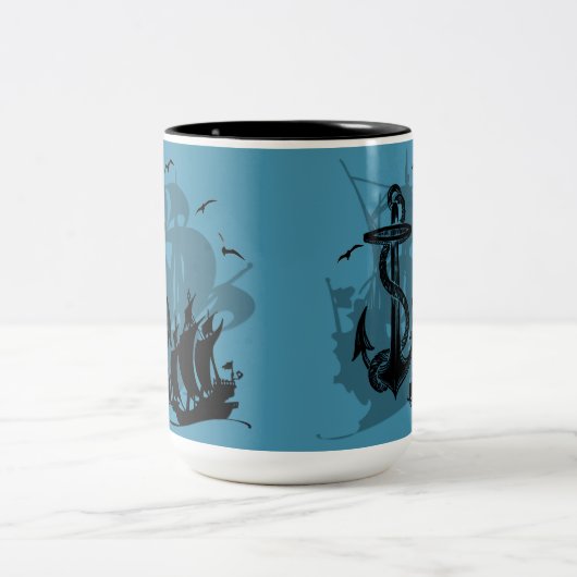 Piratenschiff und Anchor Schwarze Silhouette Zweifarbige Tasse (Mittel)