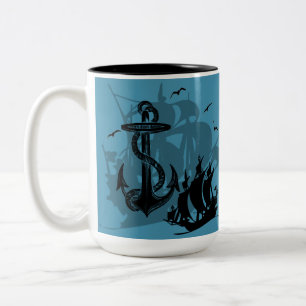 Piratenschiff und Anchor Schwarze Silhouette Zweifarbige Tasse