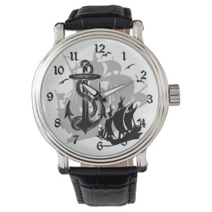 Piratenschiff und Anker Black Silhouette Watch Armbanduhr
