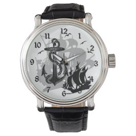 Piratenschiff und Anker Schwarze Silhouette Beobac Armbanduhr