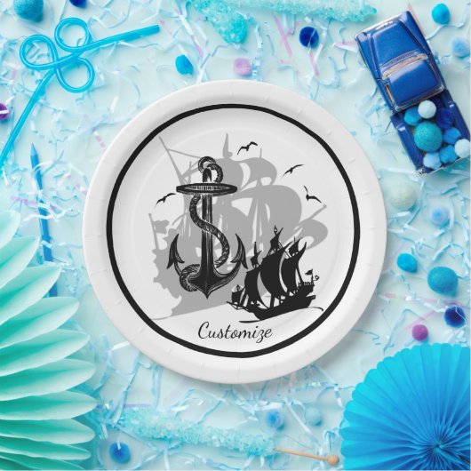 Piratenschiff und Anker Schwarze Silhouette Papier Pappteller (Party)
