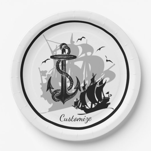 Piratenschiff und Anker Schwarze Silhouette Papier Pappteller (Vorderseite)